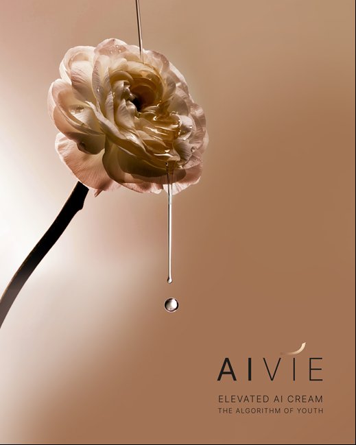 AIVIE – Elevated AI Cream von DEYNIQUE: goldener Pflege­tropfen über einer zarten Rose